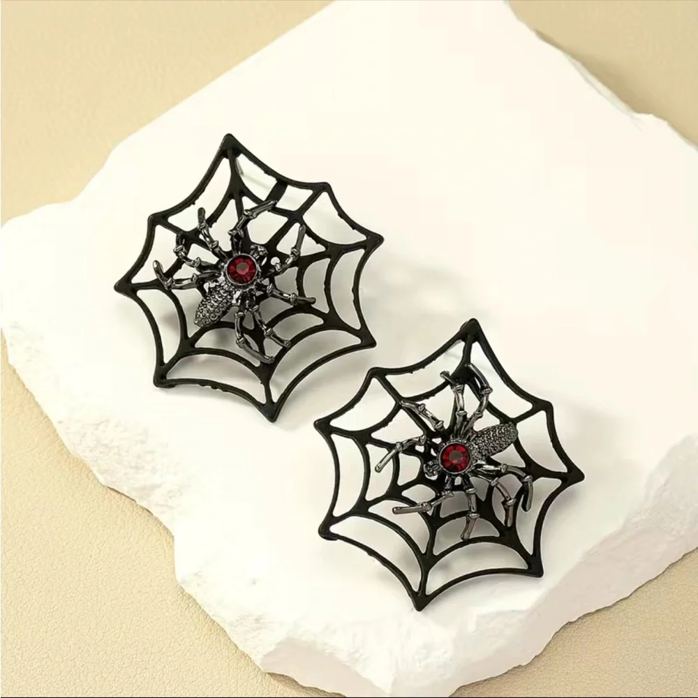 Gorgeous Retro Gothic Spider Web Stud Earrings with Ruby Color Decor Faux Fashio